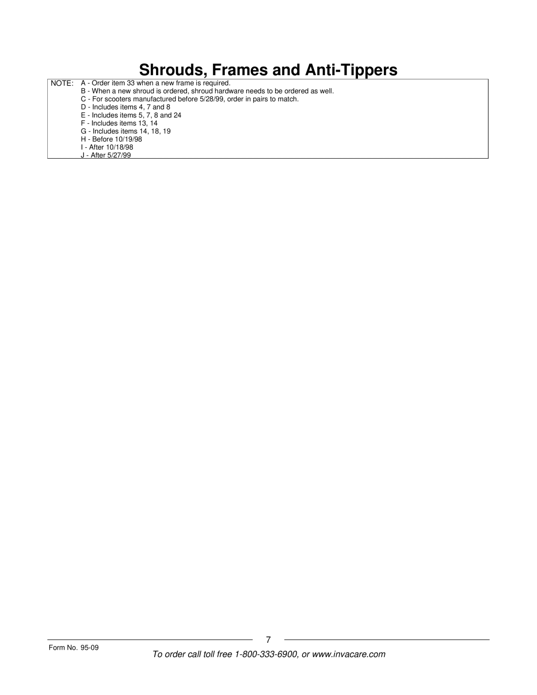 Invacare Discontinued 1/00 manual Shrouds, Frames and Anti-Tippers 