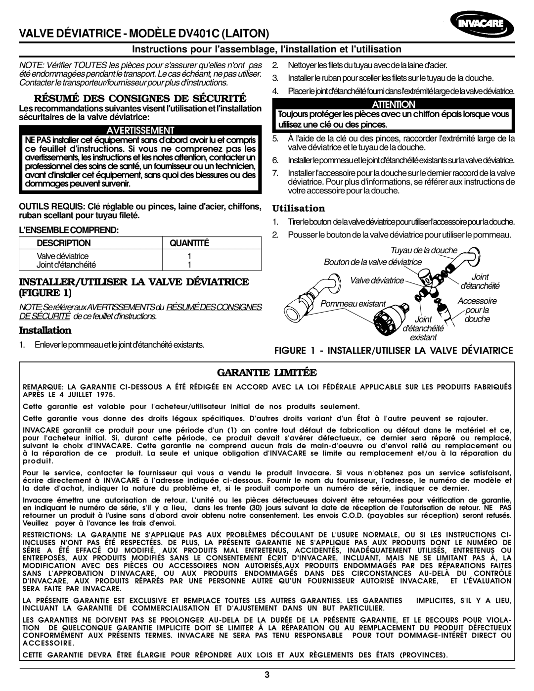 Invacare warranty Valve Déviatrice Modèle DV401C Laiton, Résumé DES Consignes DE Sécurité, Garantie Limitée, Utilisation 