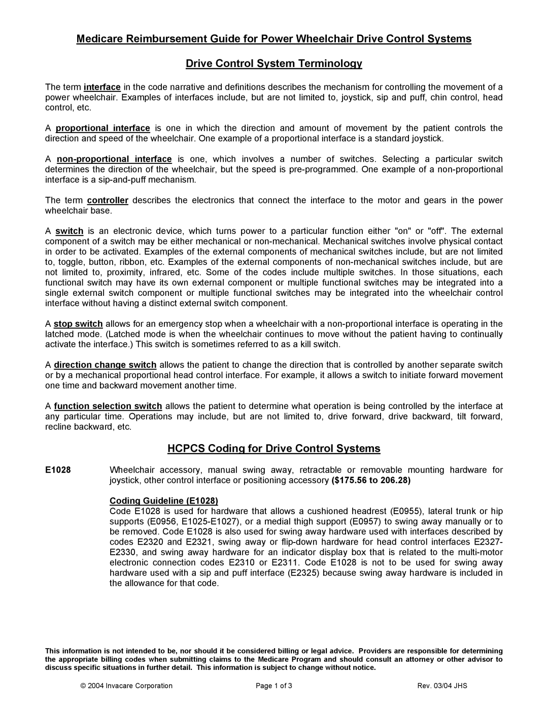 Invacare manual Hcpcs Coding for Drive Control Systems, Coding Guideline E1028 