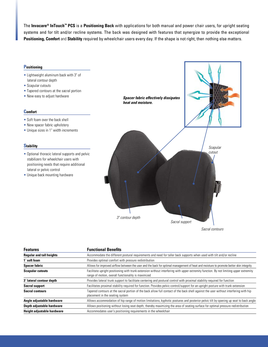 Invacare E2621 manual Features Functional Benefits, Positioning, Comfort, Stability 