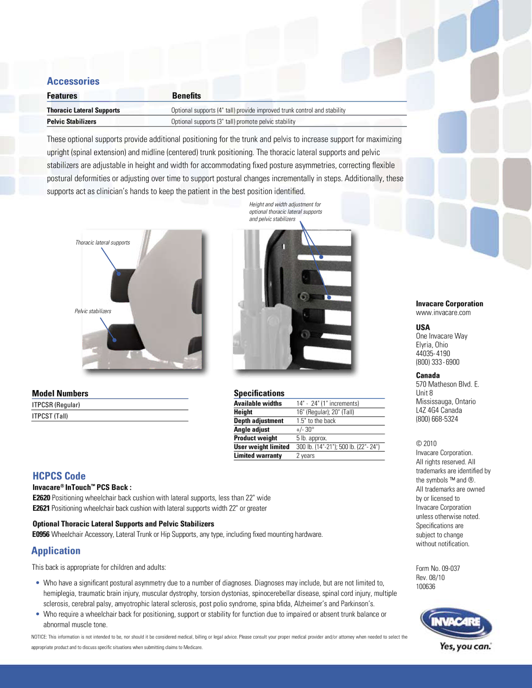 Invacare E2621 manual Accessories, Hcpcs Code, Application 