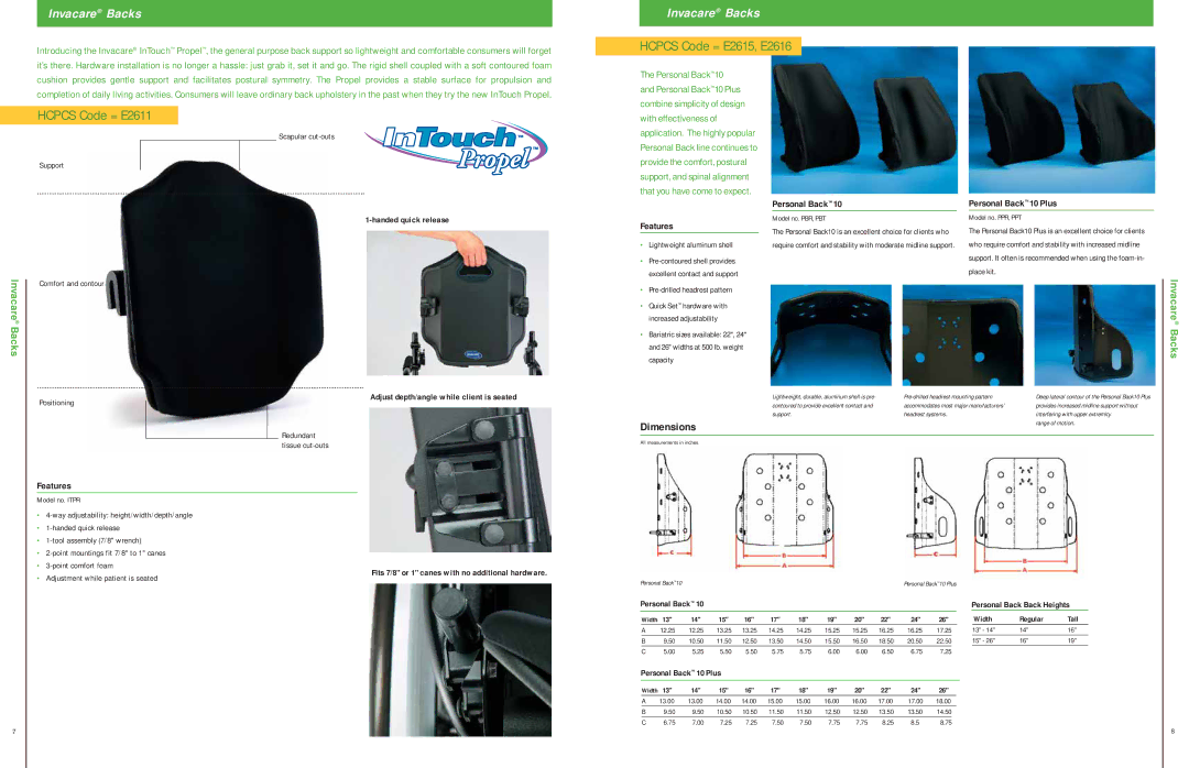 Invacare CMEX, EC, ITSM, ITSG, ITFG, ITFM Invacare Backs, Hcpcs Code = E2611, Hcpcs Code = E2615, E2616, Dimensions 