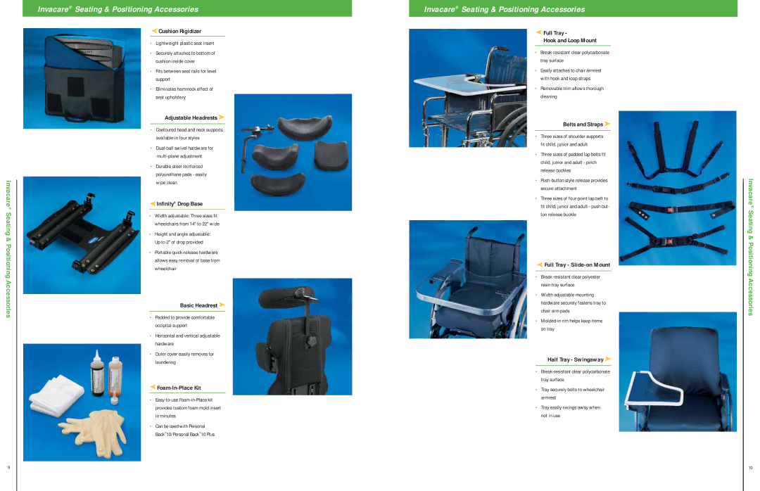 Invacare ITSM, EC, CMEX, ITSG, ITFG, ITFM specifications Invacare Seating & Positioning Accessories 