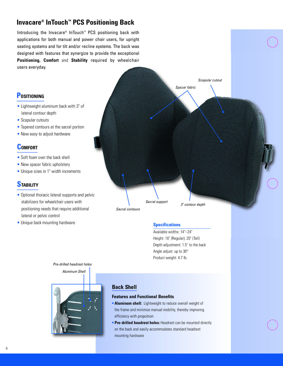 Invacare EC, CMEX, SD specifications Invacare InTouch PCS Positioning Back, Back Shell 