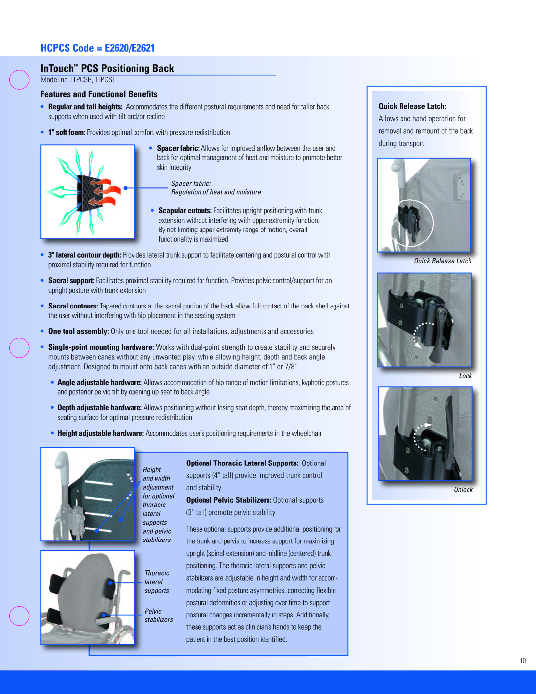 Invacare CMEX, EC, SD specifications Hcpcs Code = E2620/E2621, InTouch PCS Positioning Back 