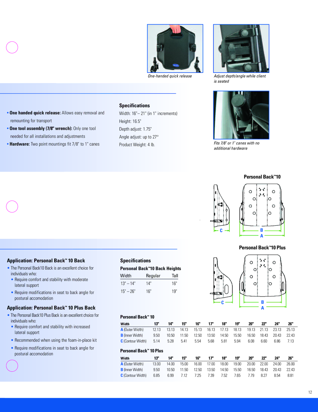 Invacare EC, CMEX, SD specifications Application Personal Back 10 Back, Application Personal Back 10 Plus Back 