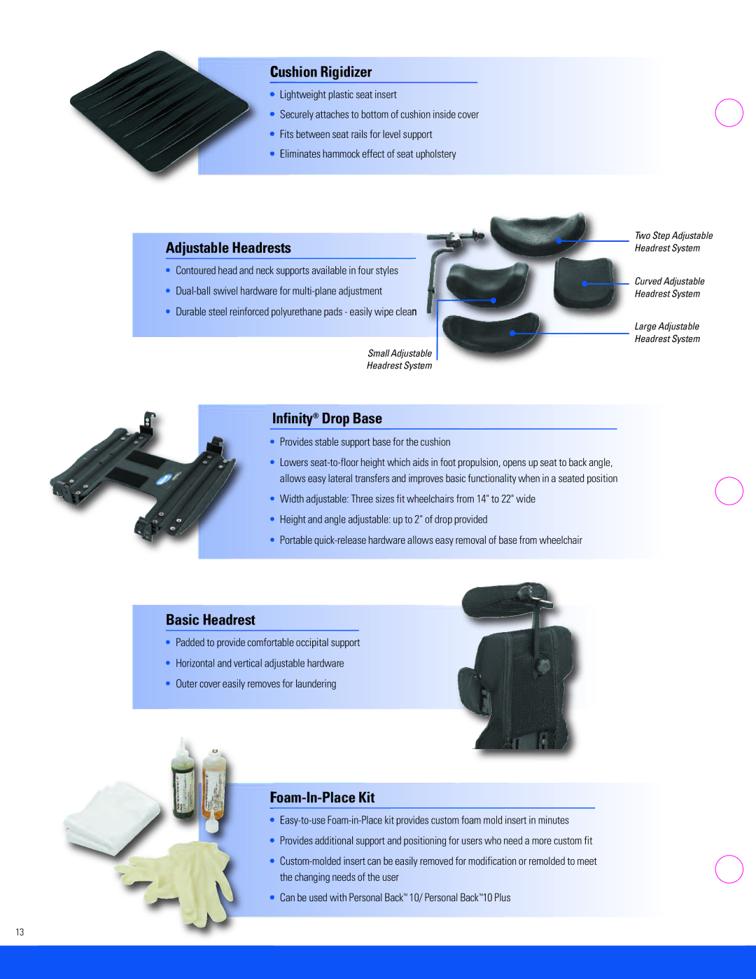 Invacare CMEX, EC, SD specifications Cushion Rigidizer, Infinity Drop Base, Basic Headrest, Foam-In-Place Kit 