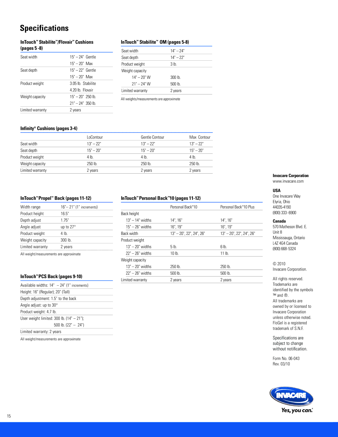 Invacare EC, CMEX, SD specifications Specifications, InTouch Stabilite/Flovair Cushions pages 5 