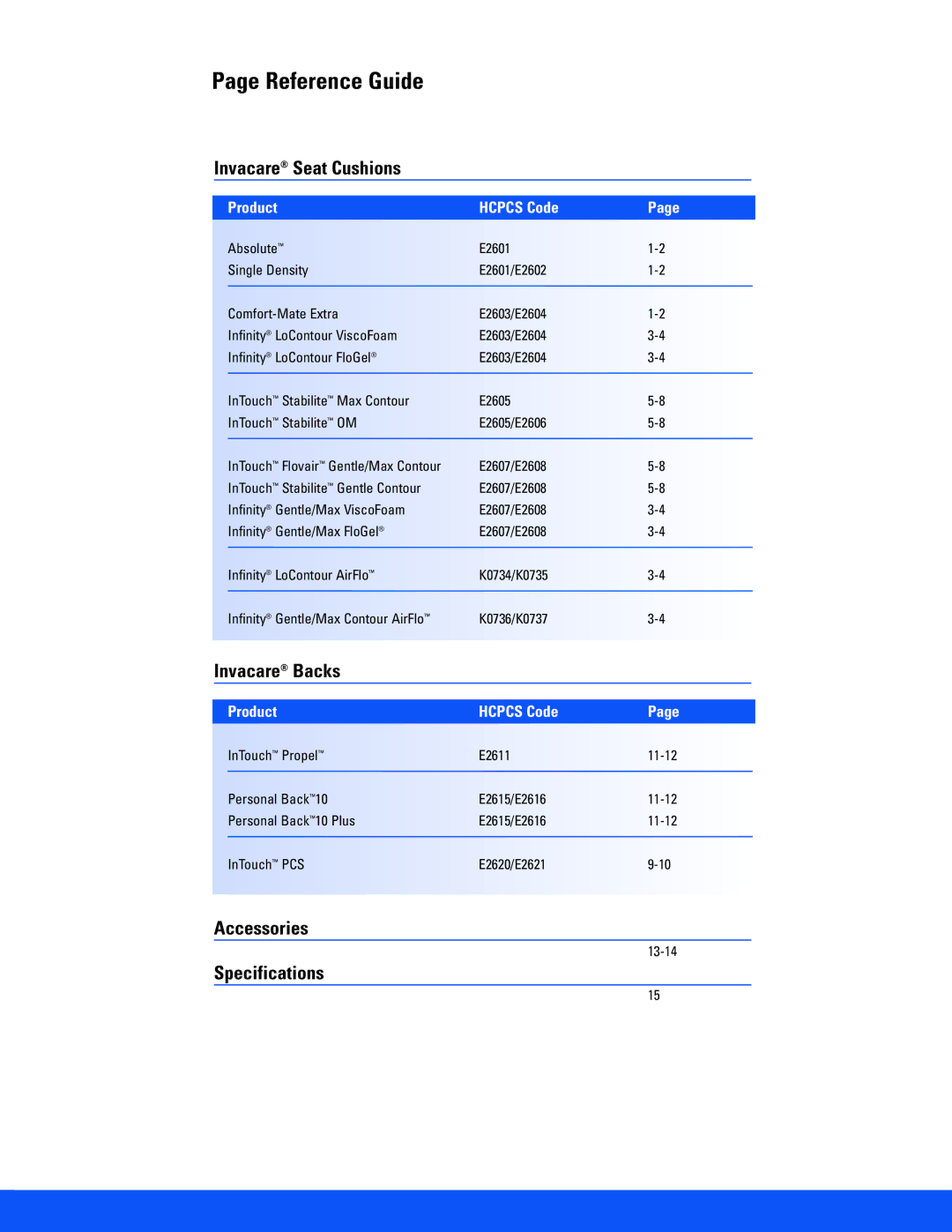 Invacare EC, CMEX, SD specifications Reference Guide, Invacare Seat Cushions, Invacare Backs, Accessories, Specifications 