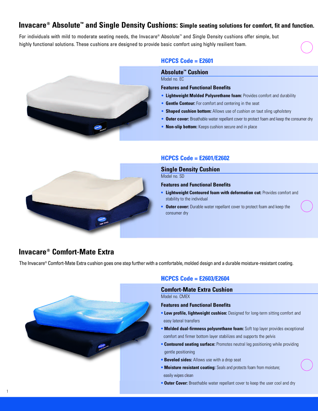 Invacare CMEX, EC, SD specifications Invacare Comfort-Mate Extra, Hcpcs Code = E2601/E2602, Hcpcs Code = E2603/E2604 