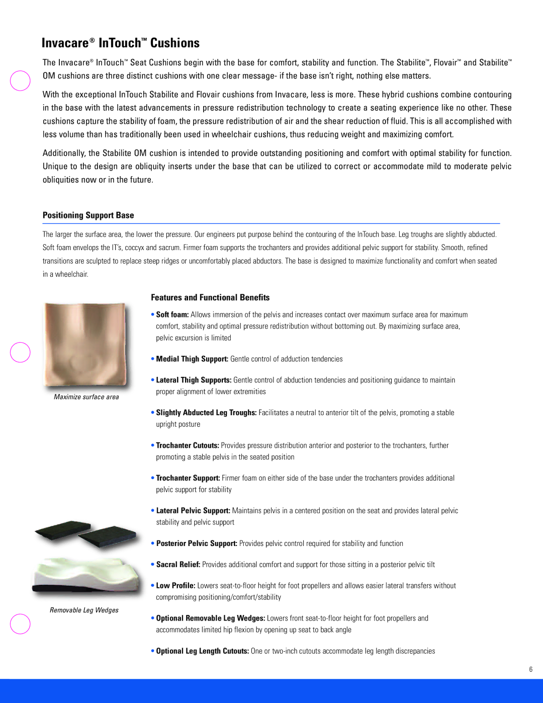 Invacare EC, CMEX, SD specifications Invacare InTouch Cushions, Positioning Support Base 