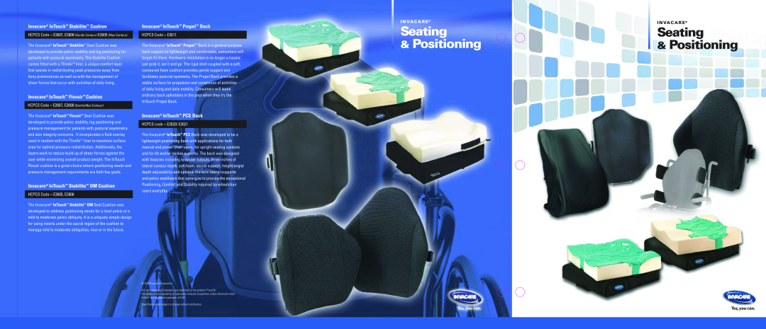 Invacare CMEX specifications Seating, Positioning, Invacare InTouch Stabilite Cushion, Invacare InTouch Flovair Cushion 