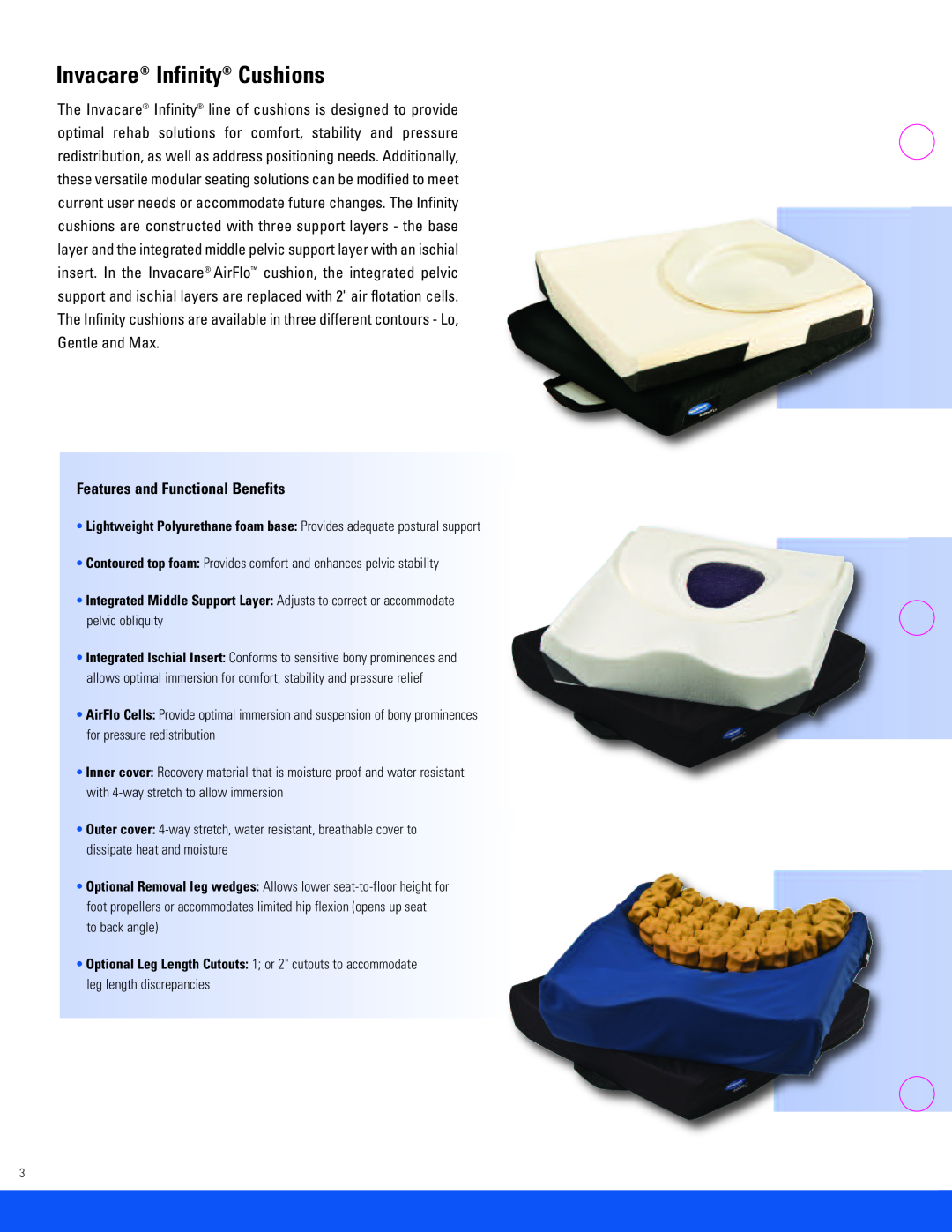 Invacare EC, CMEX, SD specifications Invacare Infinity Cushions, Features and Functional Benefits 