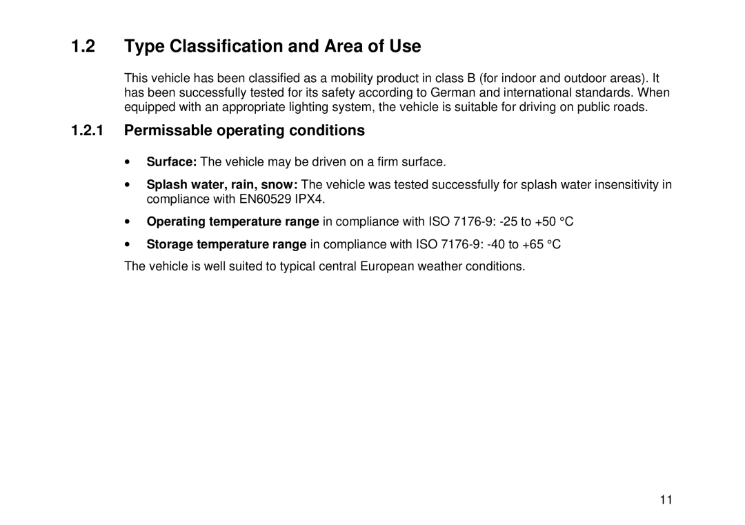 Invacare Electric wheelchair manual Type Classification and Area of Use, Permissable operating conditions 