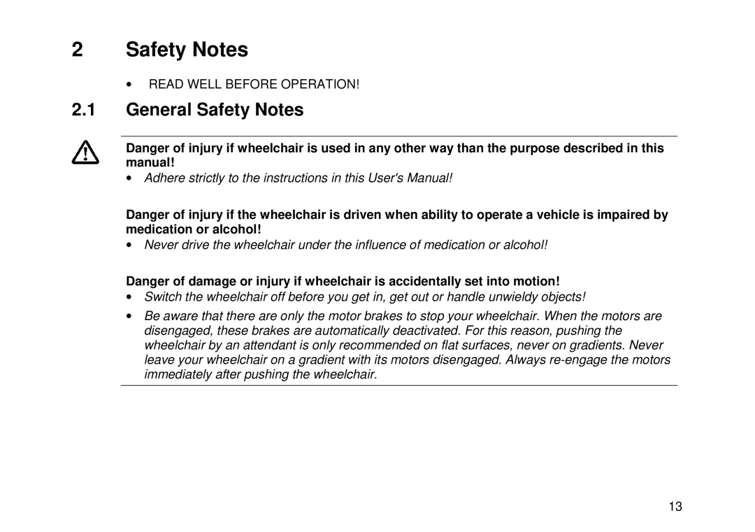 Invacare Electric wheelchair manual General Safety Notes 