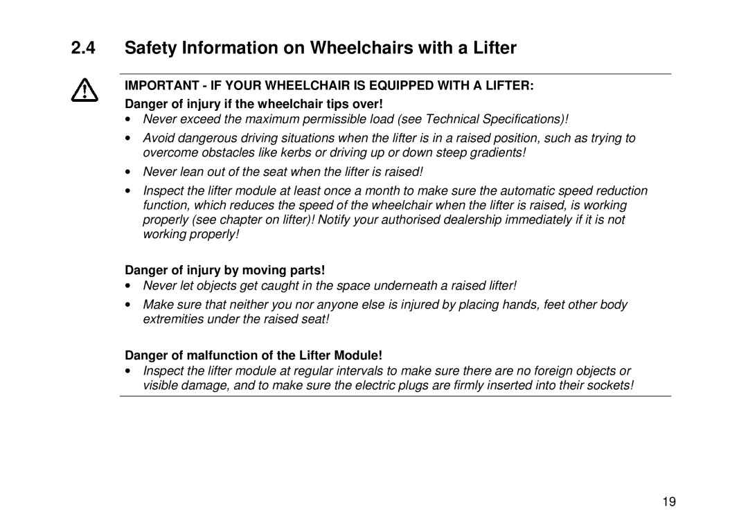 Invacare Electric wheelchair manual Safety Information on Wheelchairs with a Lifter 