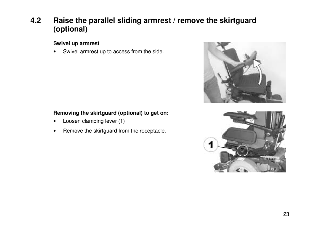 Invacare Electric wheelchair manual Swivel up armrest, Removing the skirtguard optional to get on 