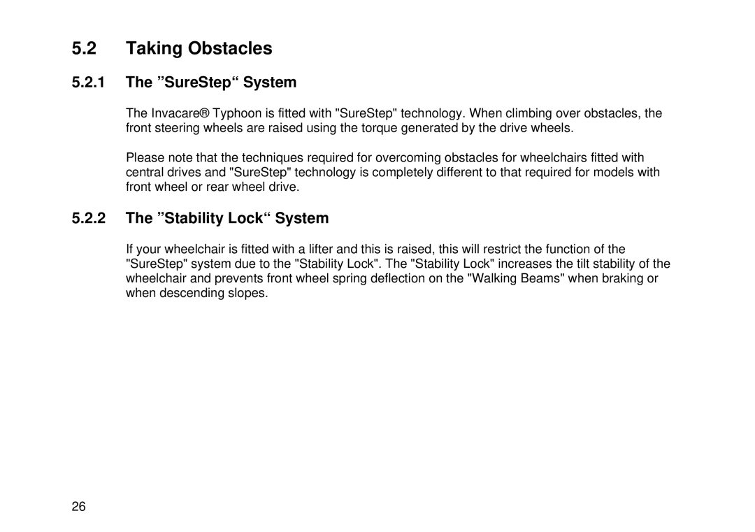 Invacare Electric wheelchair manual Taking Obstacles, SureStep System, Stability Lock System 