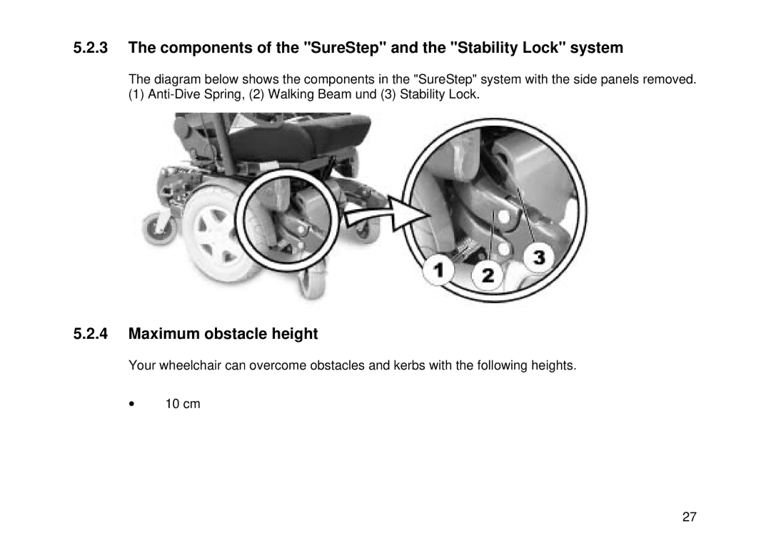 Invacare Electric wheelchair manual Components of the SureStep and the Stability Lock system, Maximum obstacle height 