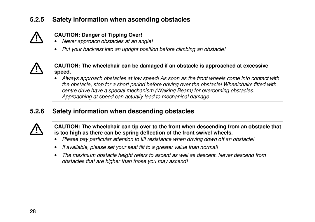 Invacare Electric wheelchair Safety information when ascending obstacles, Safety information when descending obstacles 