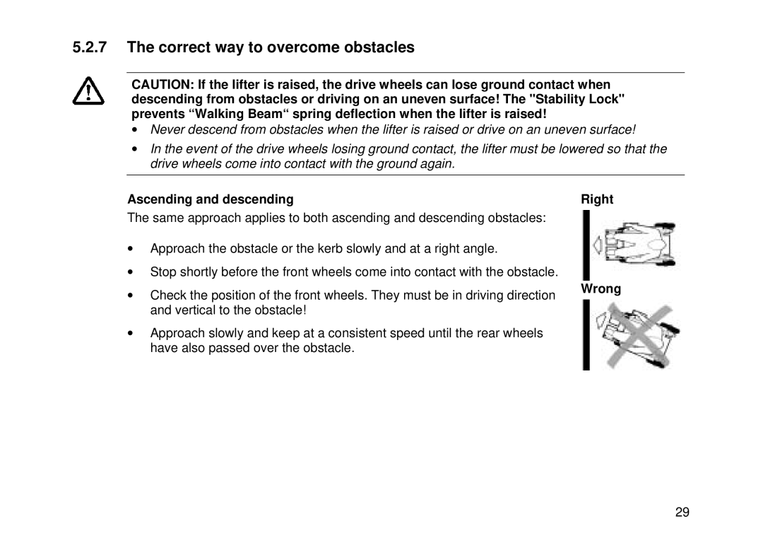 Invacare Electric wheelchair manual Correct way to overcome obstacles, Ascending and descending, Right Wrong 