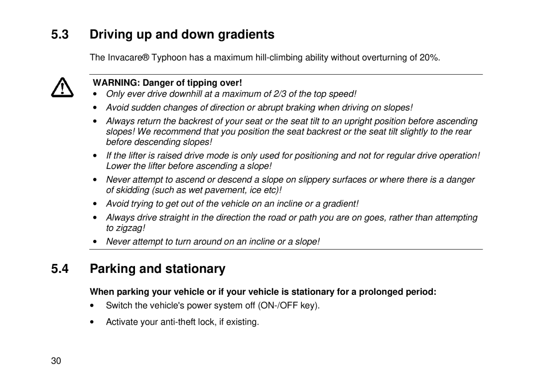 Invacare Electric wheelchair manual Driving up and down gradients, Parking and stationary 