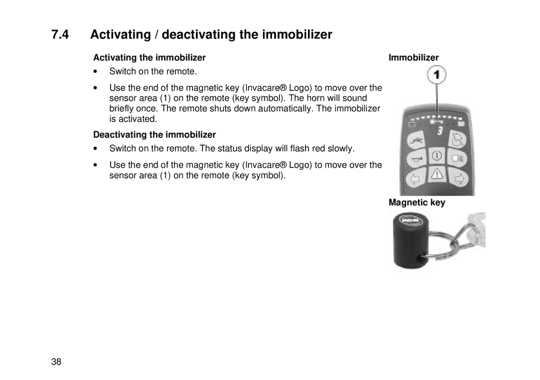 Invacare Electric wheelchair manual Activating / deactivating the immobilizer, Activating the immobilizer, Magnetic key 