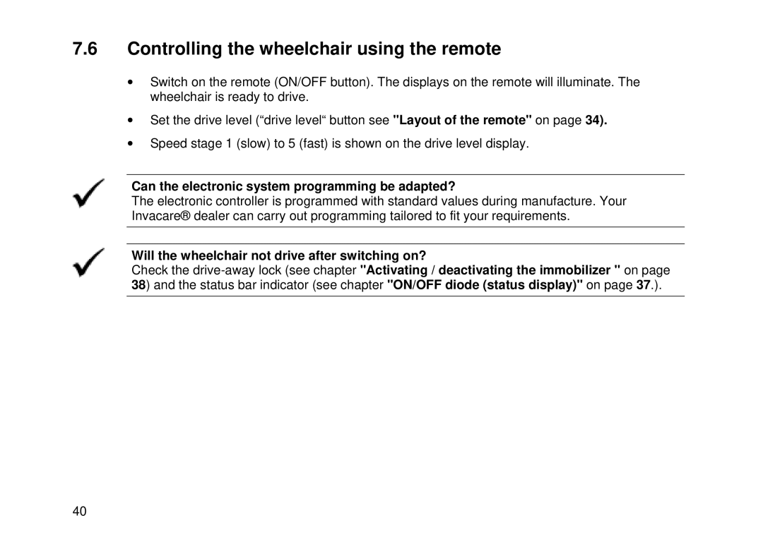 Invacare Electric wheelchair manual Controlling the wheelchair using the remote 