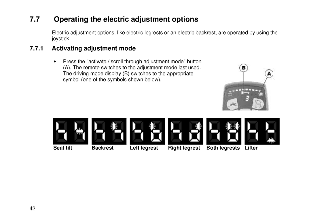 Invacare Electric wheelchair manual Operating the electric adjustment options, Activating adjustment mode 