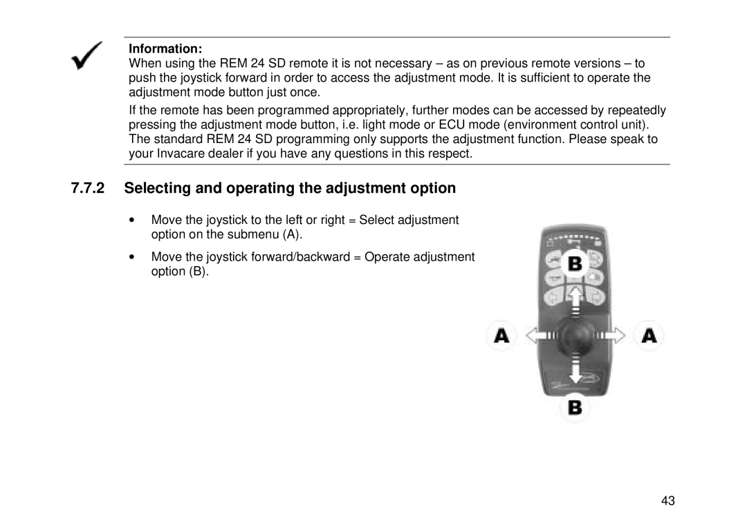 Invacare Electric wheelchair manual Selecting and operating the adjustment option, Information 