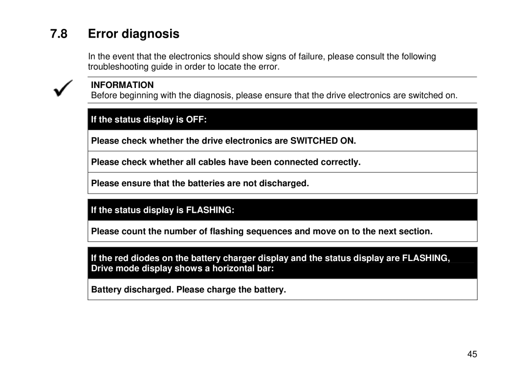 Invacare Electric wheelchair manual Error diagnosis, Battery discharged. Please charge the battery 