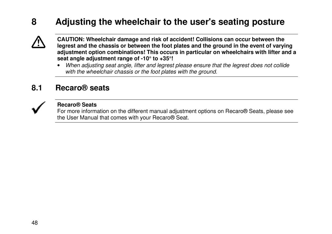 Invacare Electric wheelchair manual Adjusting the wheelchair to the users seating posture, Recaro seats, Recaro Seats 