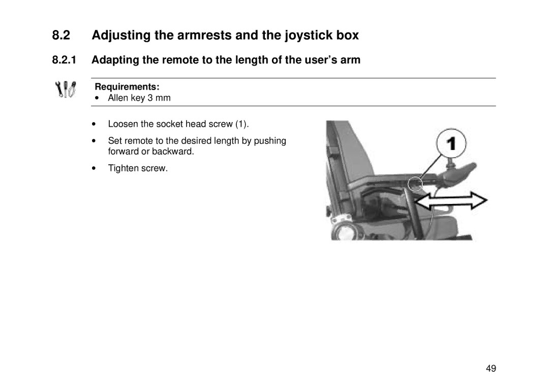 Invacare Electric wheelchair manual Adjusting the armrests and the joystick box 