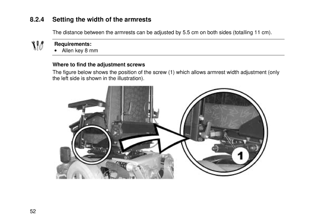 Invacare Electric wheelchair manual Setting the width of the armrests, Where to find the adjustment screws 