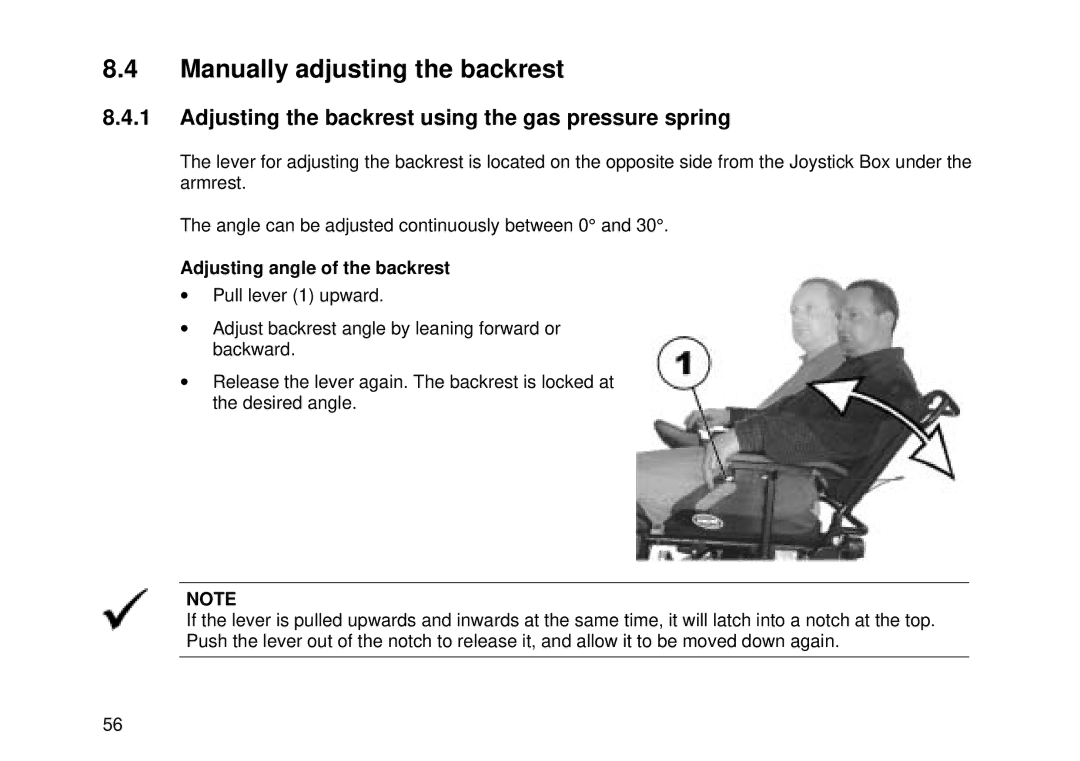 Invacare Electric wheelchair manual Manually adjusting the backrest, Adjusting the backrest using the gas pressure spring 