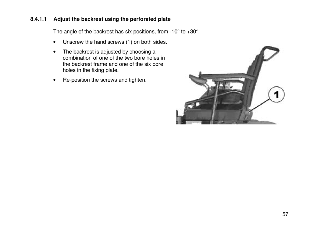 Invacare Electric wheelchair manual Adjust the backrest using the perforated plate 