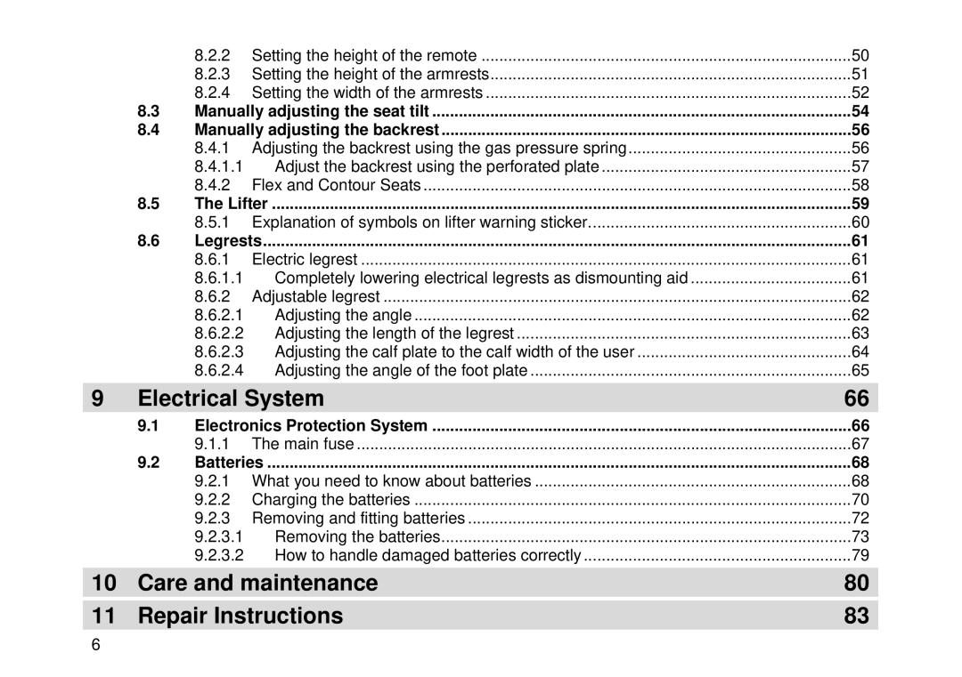 Invacare Electric wheelchair manual Electrical System, Care and maintenance Repair Instructions 