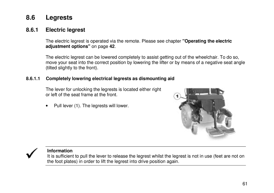 Invacare Electric wheelchair manual Legrests, Electric legrest, Completely lowering electrical legrests as dismounting aid 