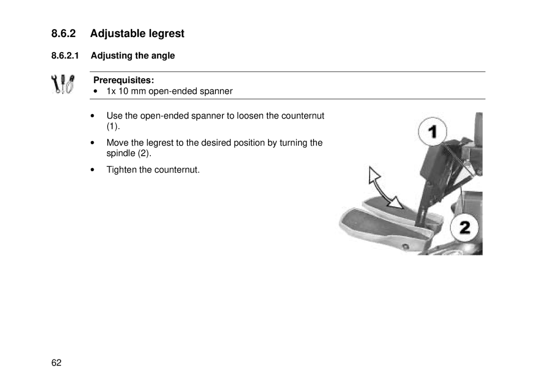 Invacare Electric wheelchair manual Adjustable legrest, Adjusting the angle Prerequisites 