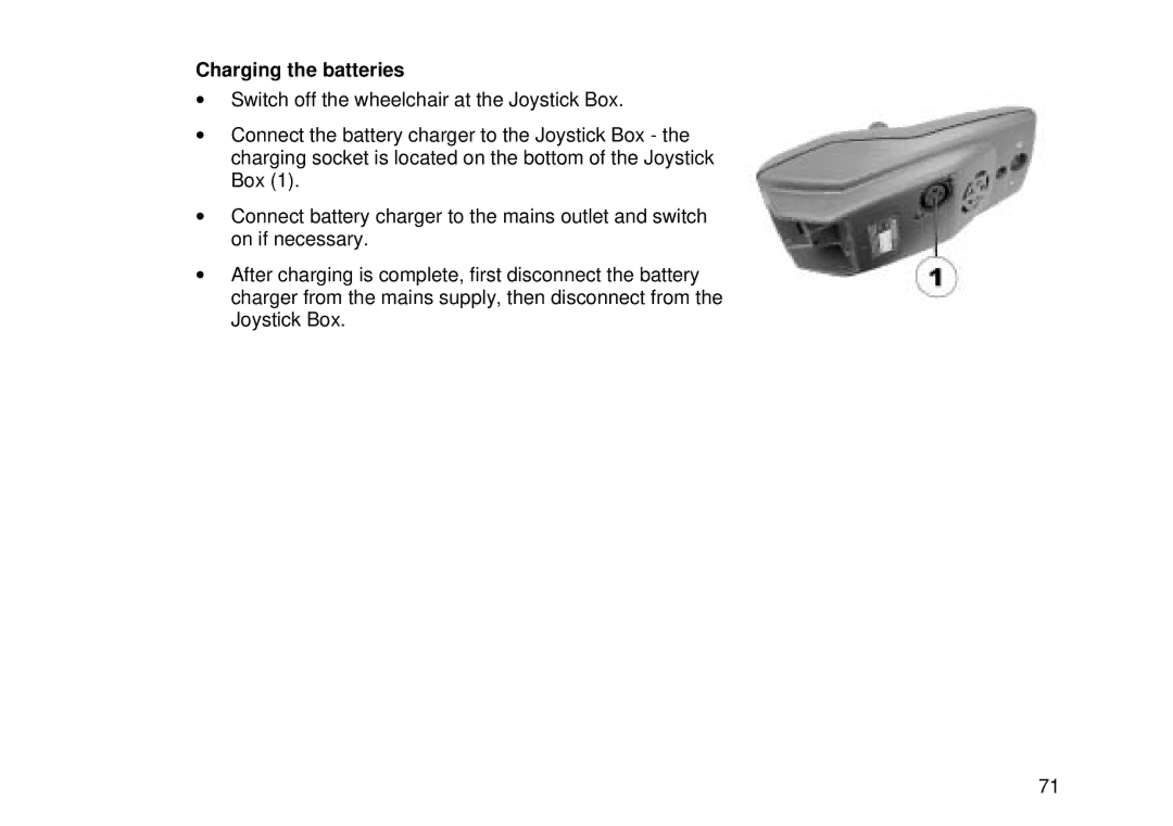 Invacare Electric wheelchair manual Charging the batteries 