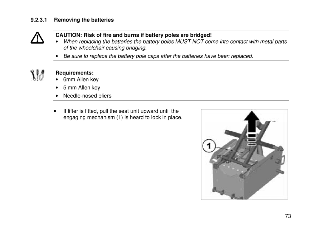 Invacare Electric wheelchair manual Removing the batteries, Requirements 