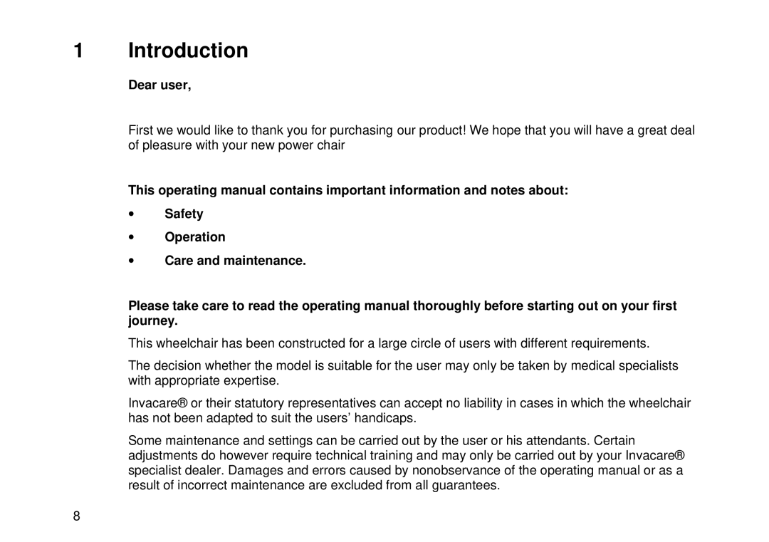 Invacare Electric wheelchair manual Introduction, Dear user 