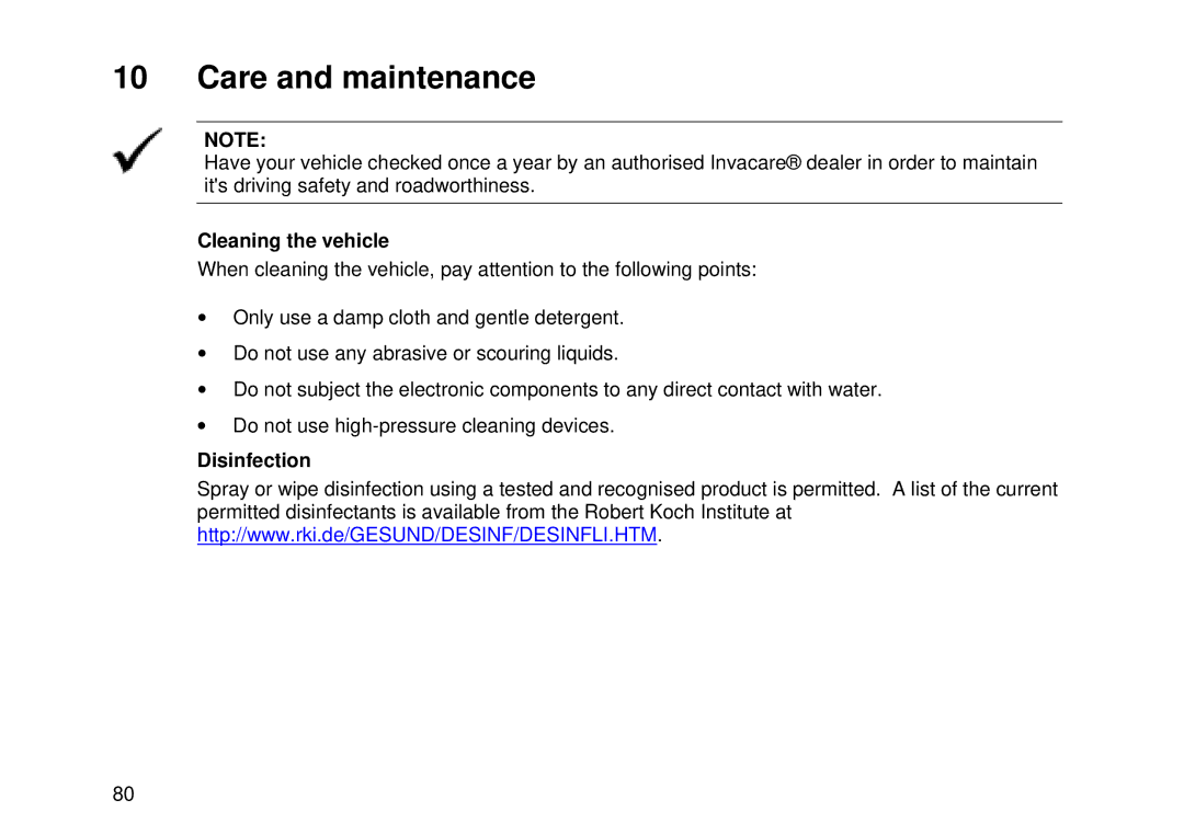 Invacare Electric wheelchair manual Care and maintenance, Cleaning the vehicle, Disinfection 