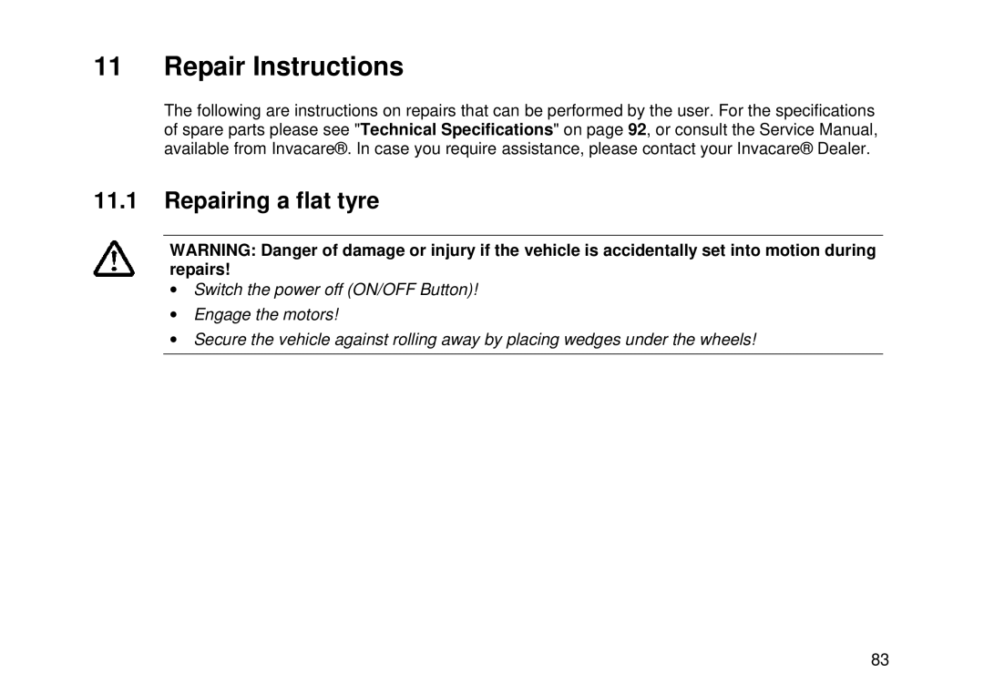 Invacare Electric wheelchair manual Repair Instructions, Repairing a flat tyre 