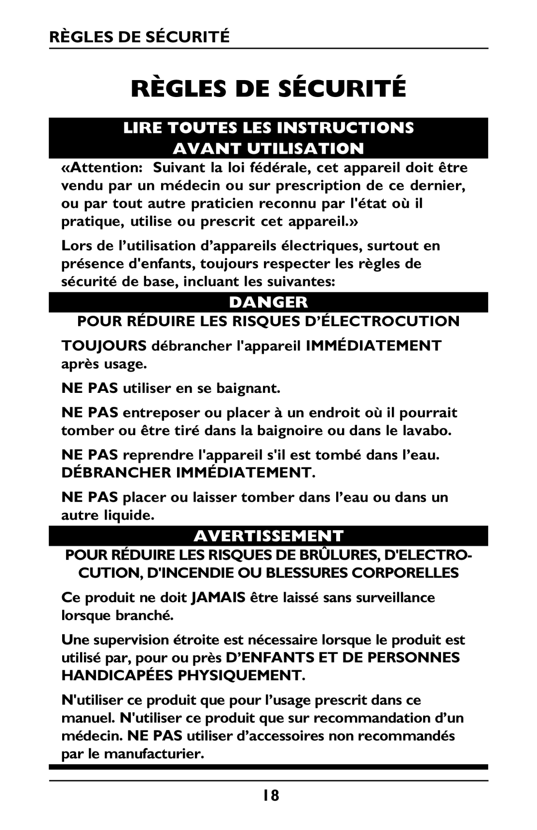 Invacare Envoy owner manual Règles DE Sécurité, Lire Toutes LES Instructions Avant Utilisation, Débrancher Immédiatement 