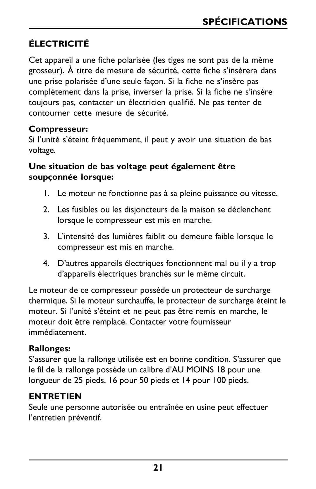 Invacare Envoy owner manual Électricité, Compresseur, Rallonges, Entretien 