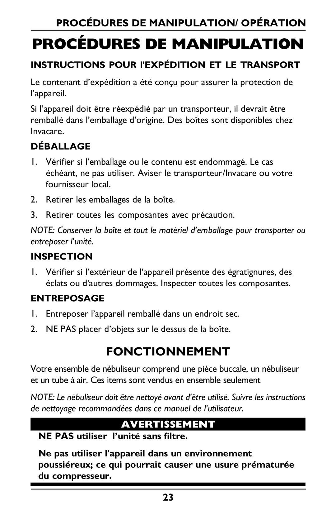 Invacare Envoy Procédures DE Manipulation, Fonctionnement, Procédures DE MANIPULATION/ Opération, Déballage, Entreposage 