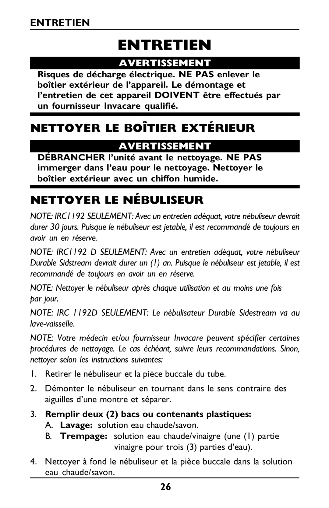 Invacare Envoy owner manual Entretien, Nettoyer LE Boîtier Extérieur, Nettoyer LE Nébuliseur 