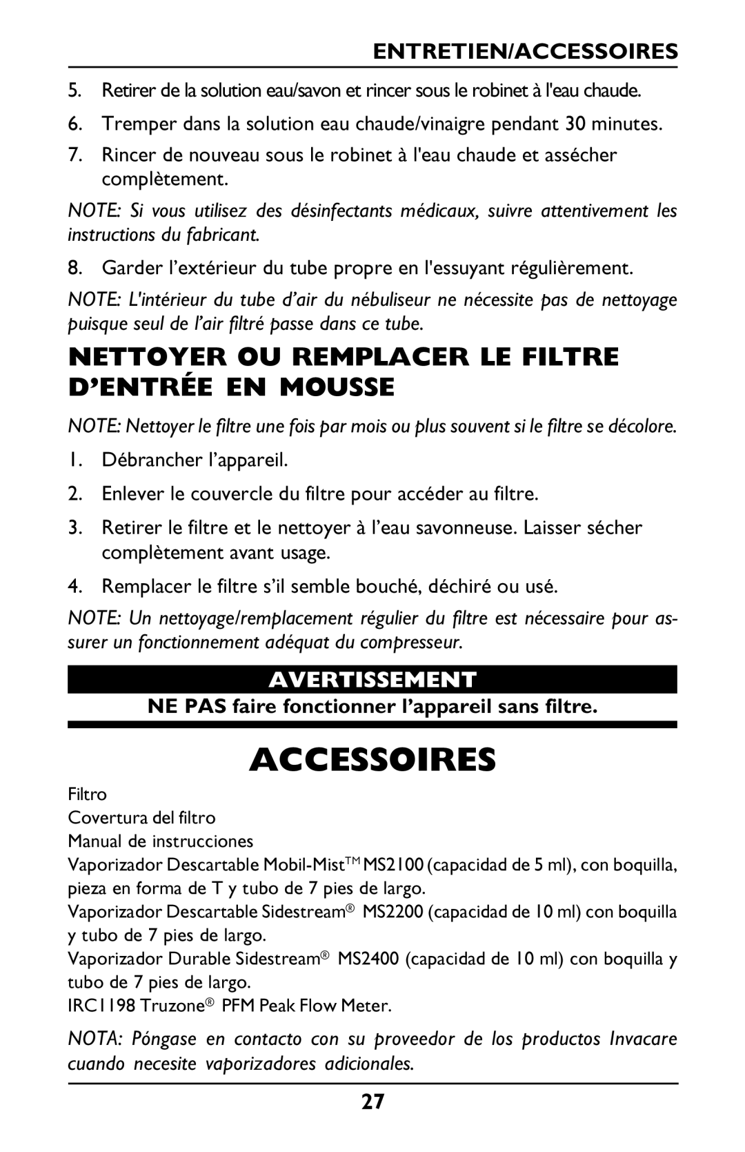 Invacare Envoy owner manual Nettoyer OU Remplacer LE Filtre D’ENTRÉE EN Mousse, Entretien/Accessoires 