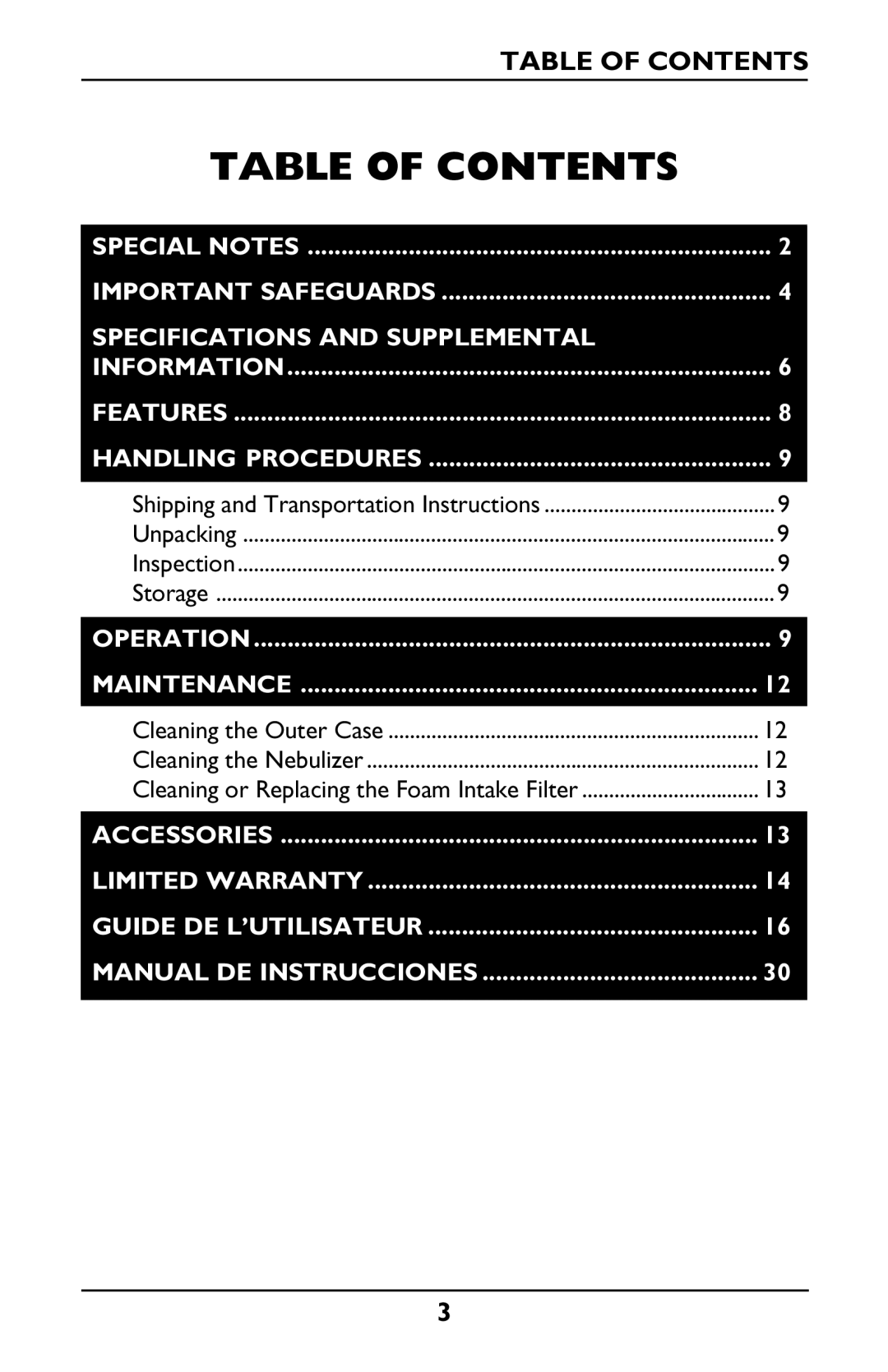 Invacare Envoy owner manual Table of Contents 